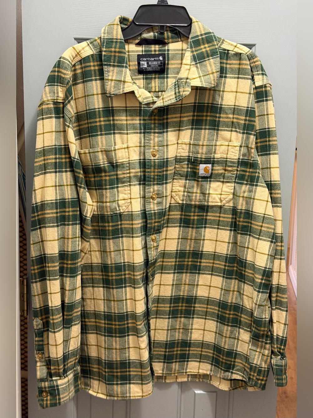 Carhartt Rugged Flex Relaxed Fit Flannel Plaid Green/Beige Shirt Men’s Size 2X